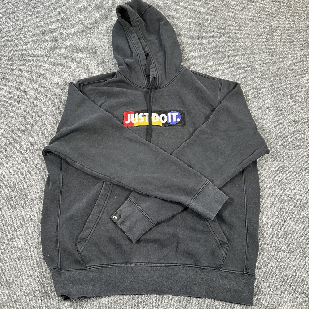 Nike Hoodie Mens Large Black Fleece Pullover Just Do It Patch Logo Sweatshirt